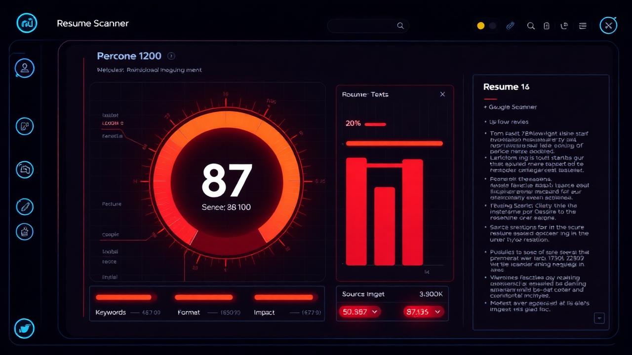 Dark ATS resume scanner UI showing a live 87/100 score meter