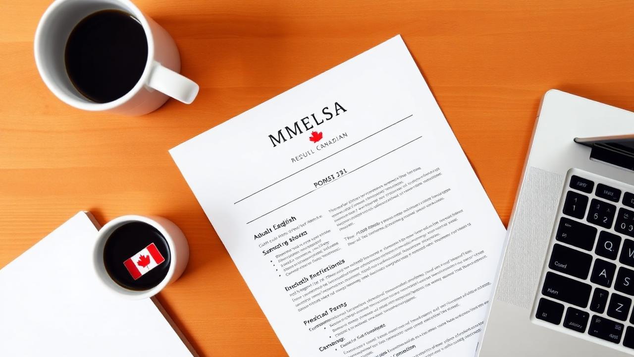 Canadian bilingual resume on a desk with a maple leaf pin