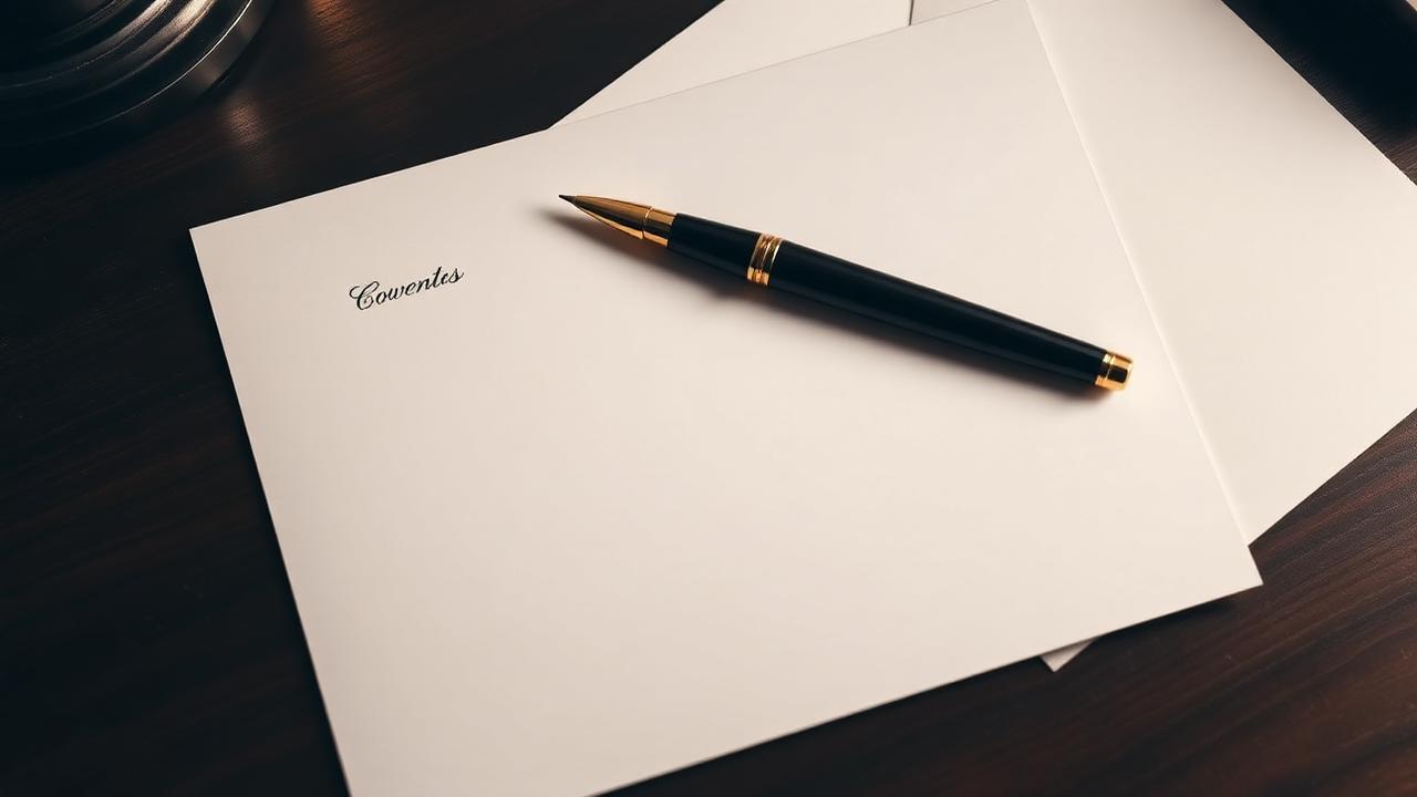 Cover letter on cream paper with a gold-trimmed fountain pen on a dark desk
