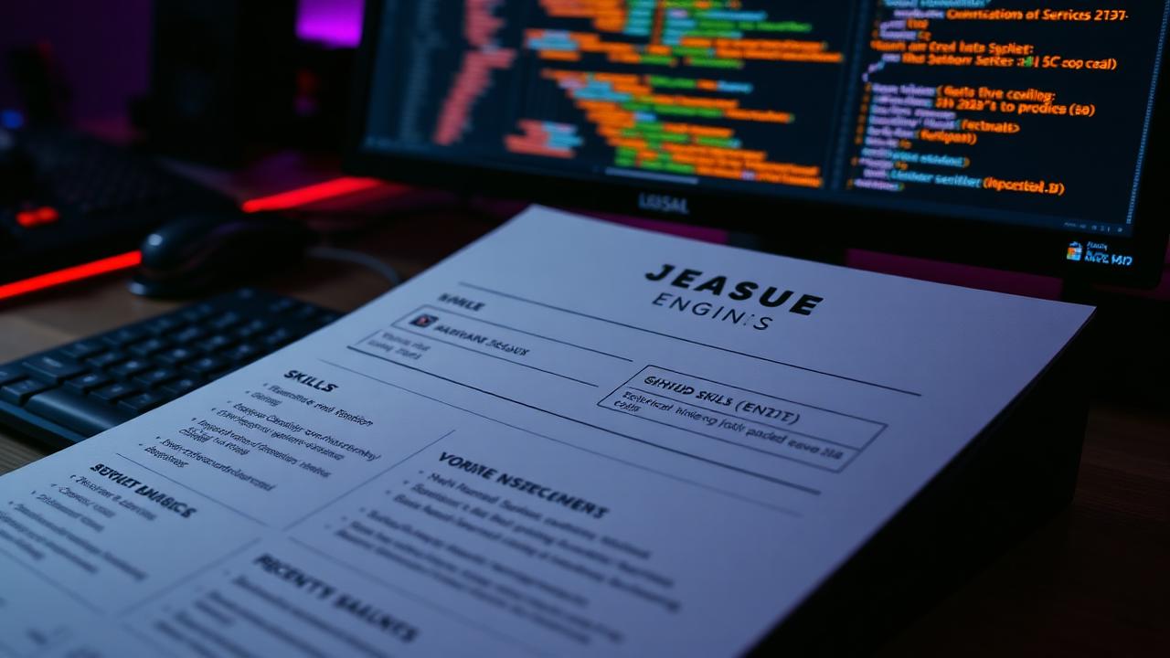Software engineer resume on a mechanical keyboard with code editor in the background
