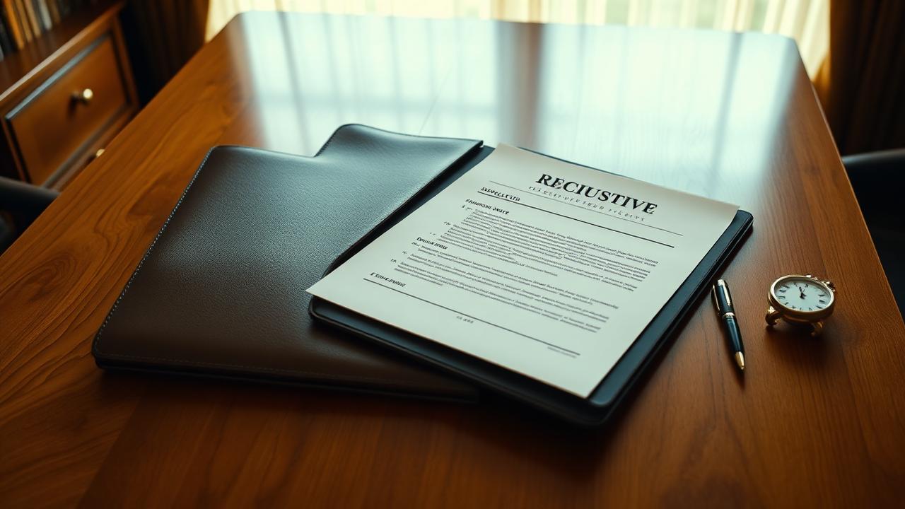 Executive resume in a leather portfolio on a walnut desk with a vintage clock