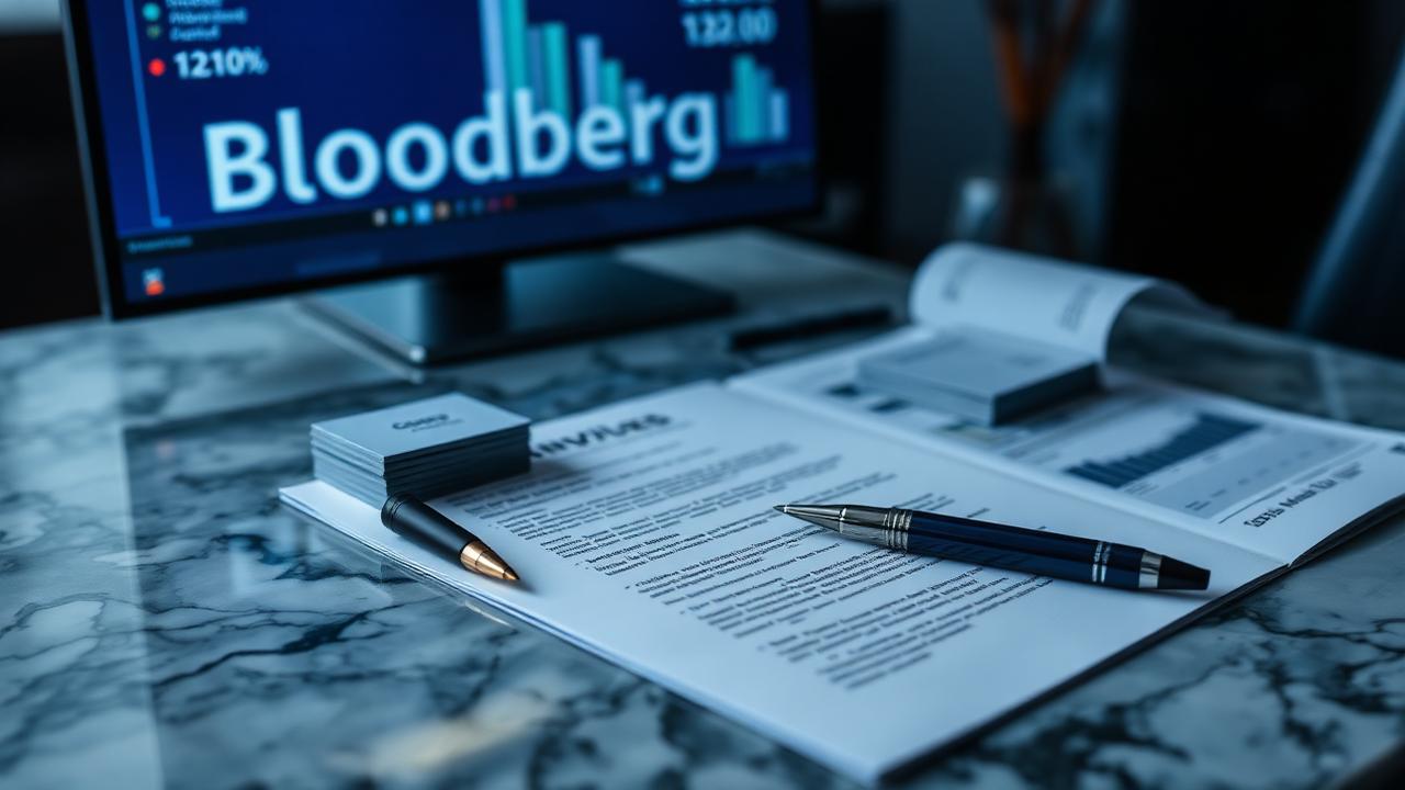 Finance resume on marble with a Bloomberg terminal in the background