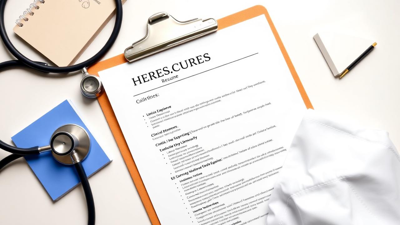 Healthcare resume on a clipboard with a stethoscope and white coat