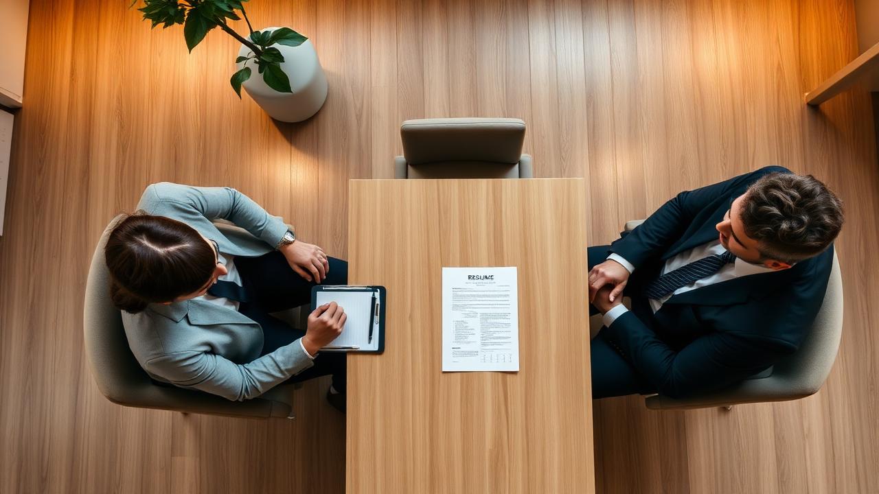 Interview scene with two interviewers and a candidate at a modern desk