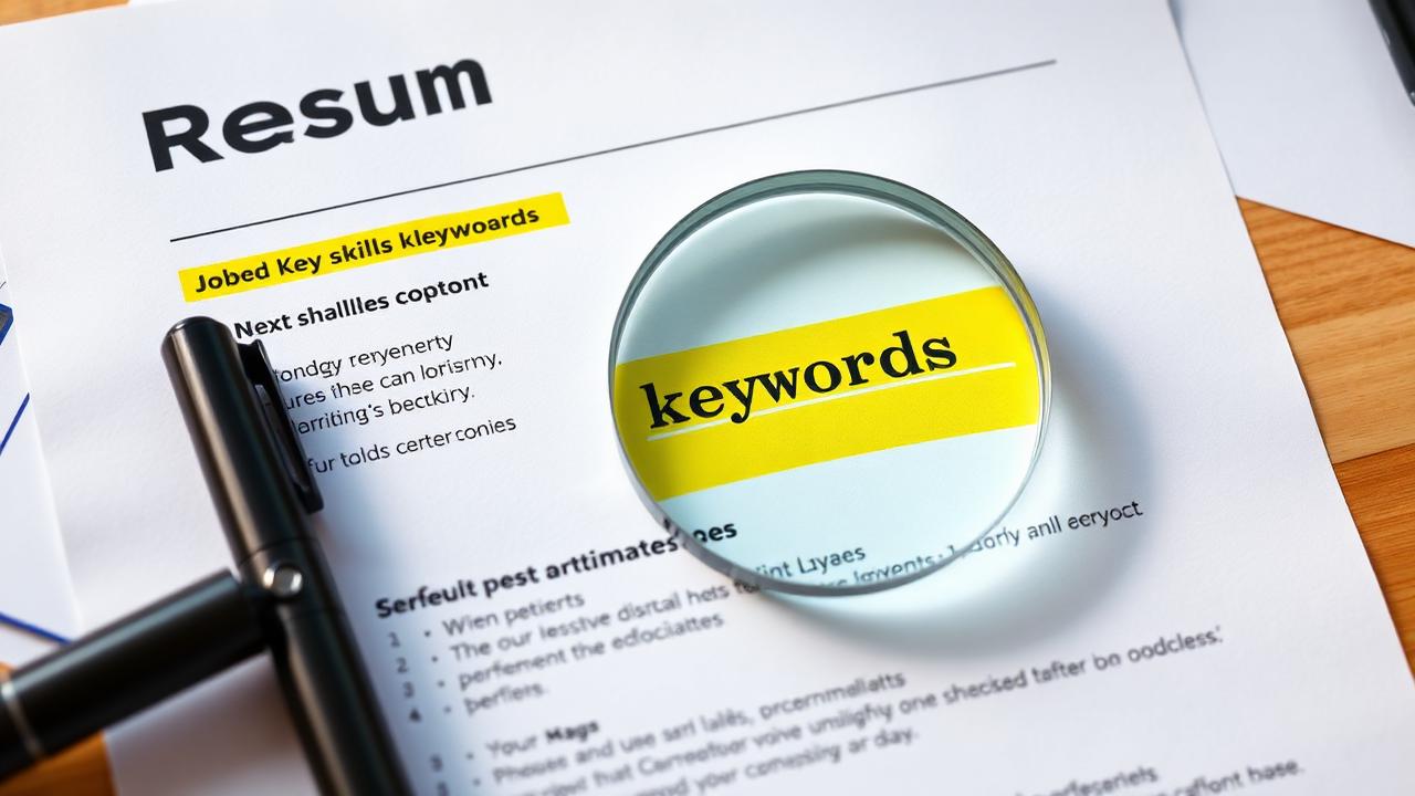 Resume with job-related keywords highlighted in yellow under a magnifying glass