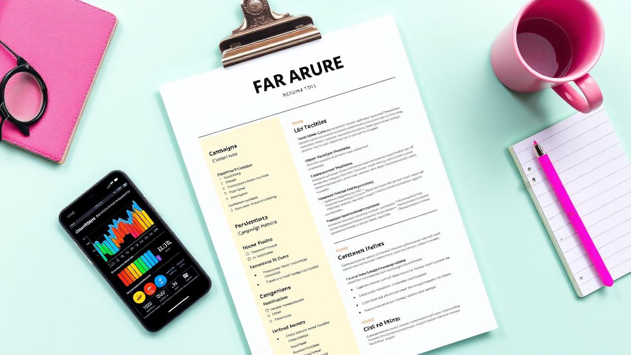 Marketing resume on a mint desk with a phone showing analytics and a pink notebook