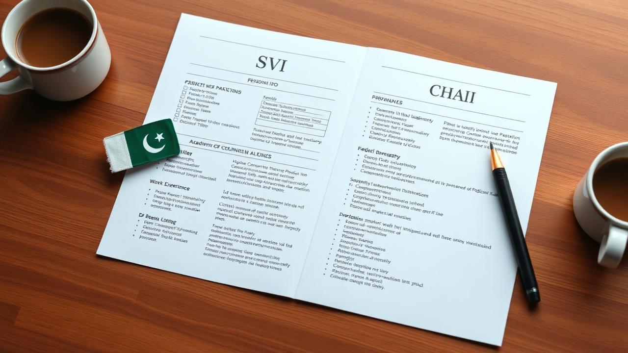Detailed Pakistani CV on a wooden desk with a green Pakistan flag and a cup of chai