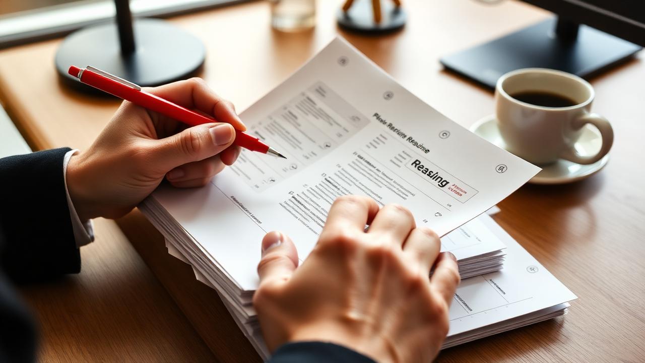 Recruiter's hands reviewing a stack of resumes with a red pen