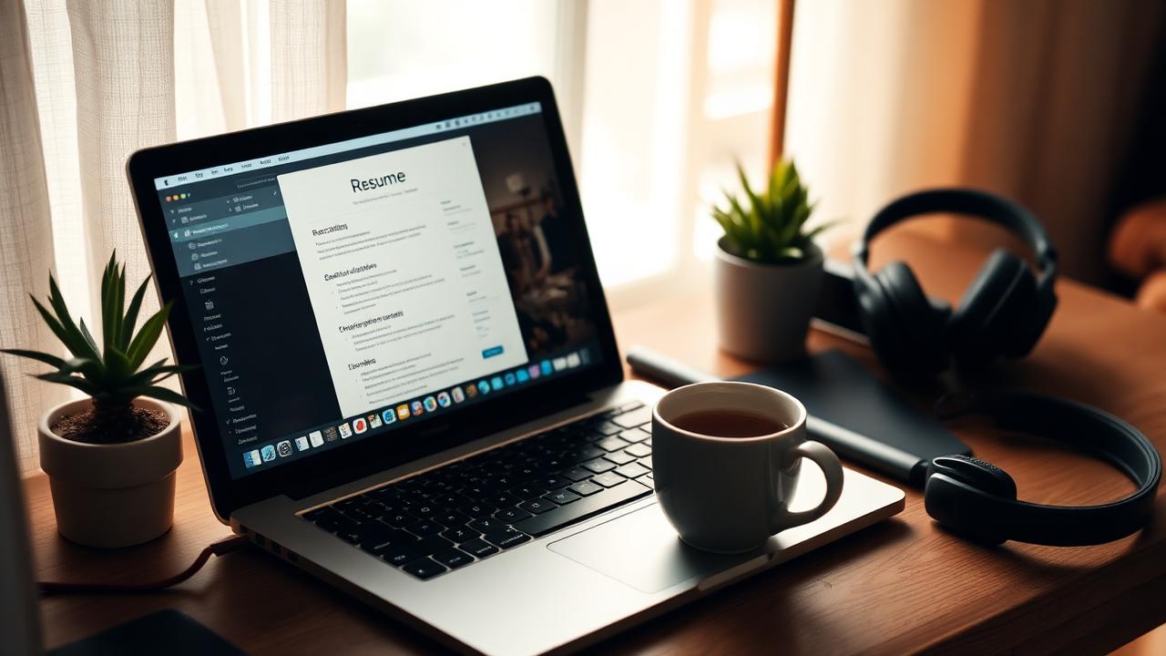 Cozy home office with a laptop showing a resume, mug, and headphones