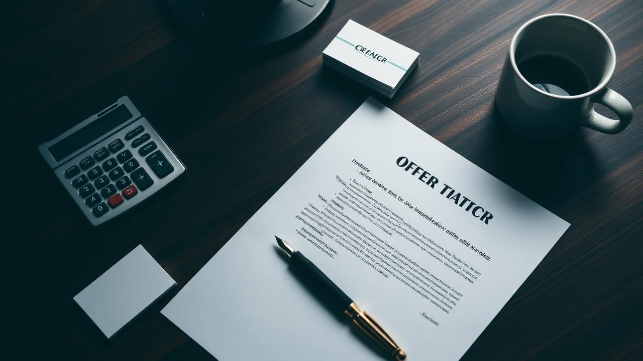 Job offer letter with a calculator, business cards, and a fountain pen