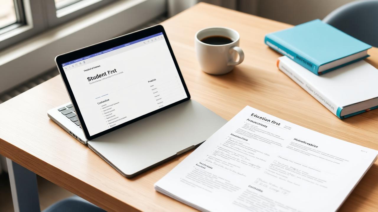 Student resume laid on a desk with a laptop, notebook, and textbooks