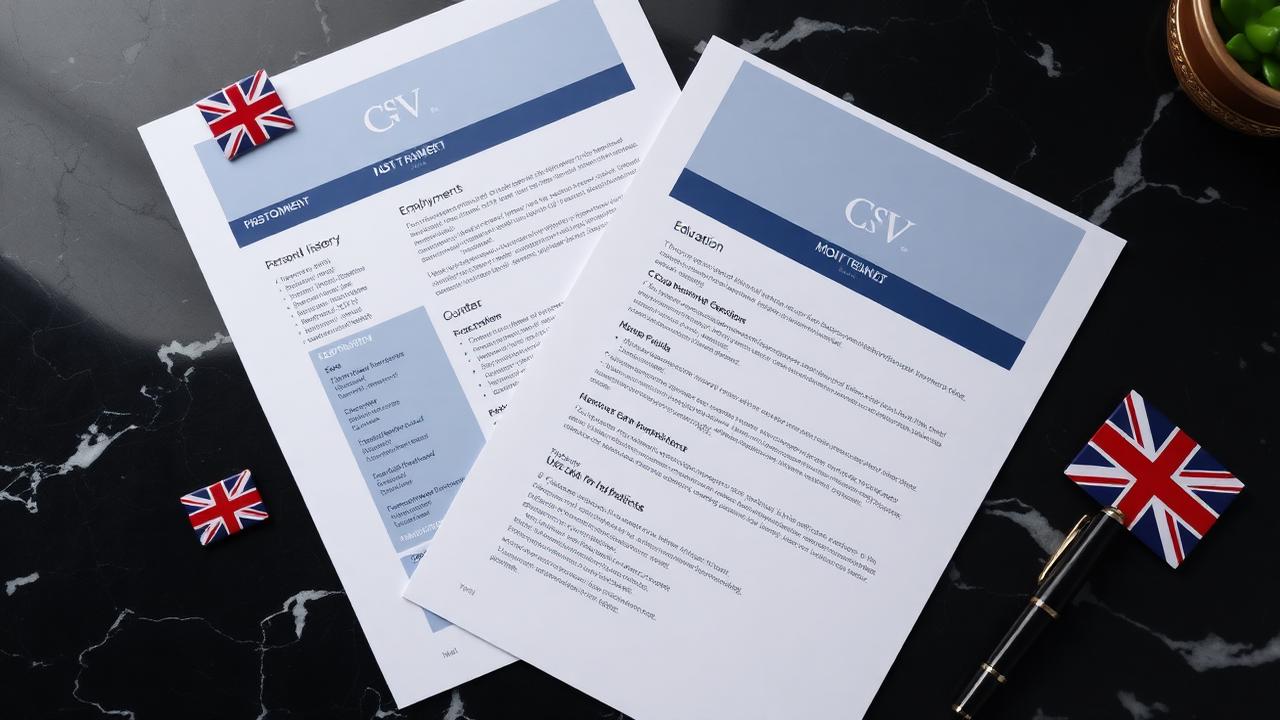 British CV pages on a dark marble desk with a Union Jack pin
